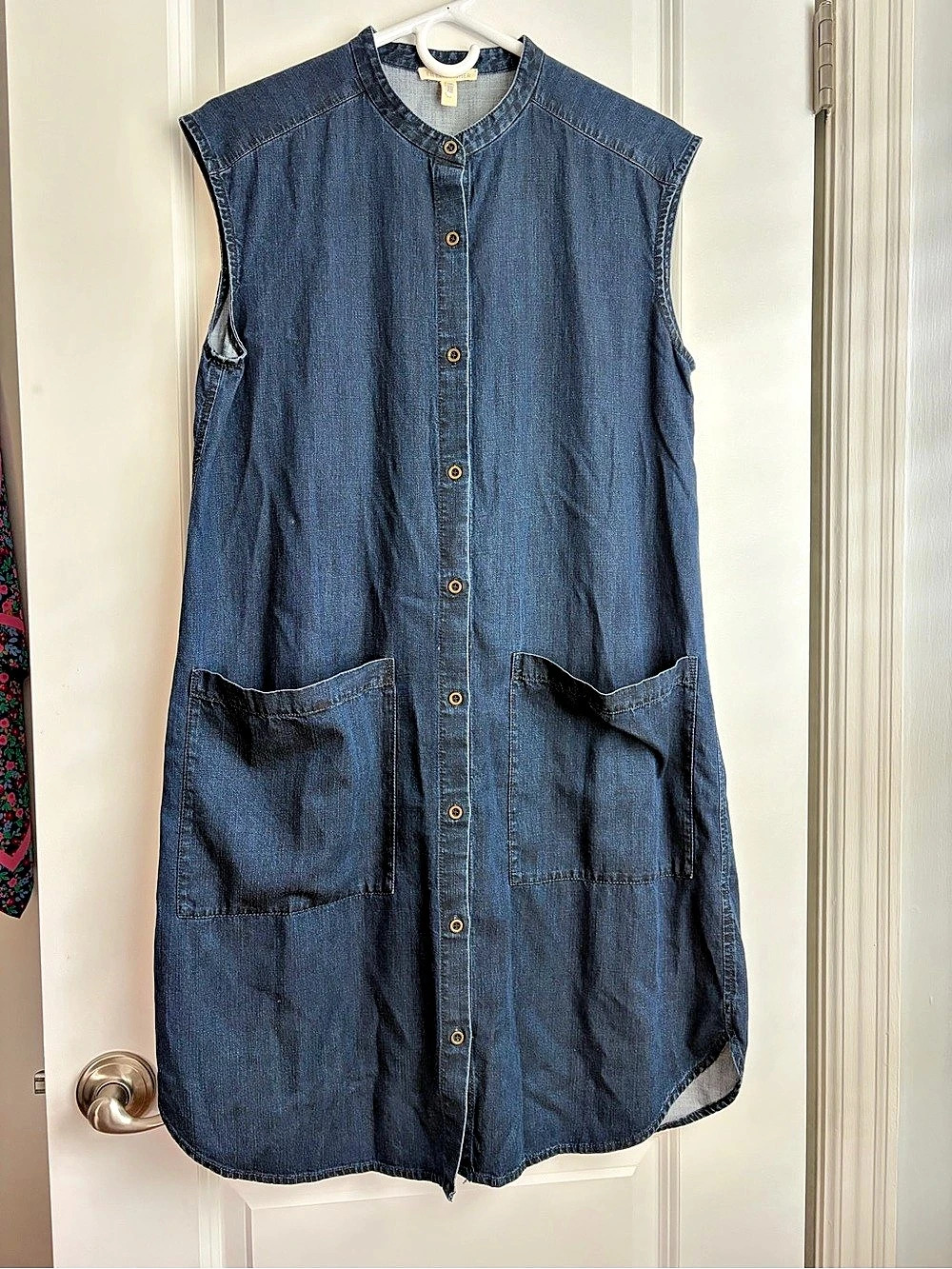 Eileen Fisher Lightweight Organic Cotton Denim Band Collar Dress Blue
